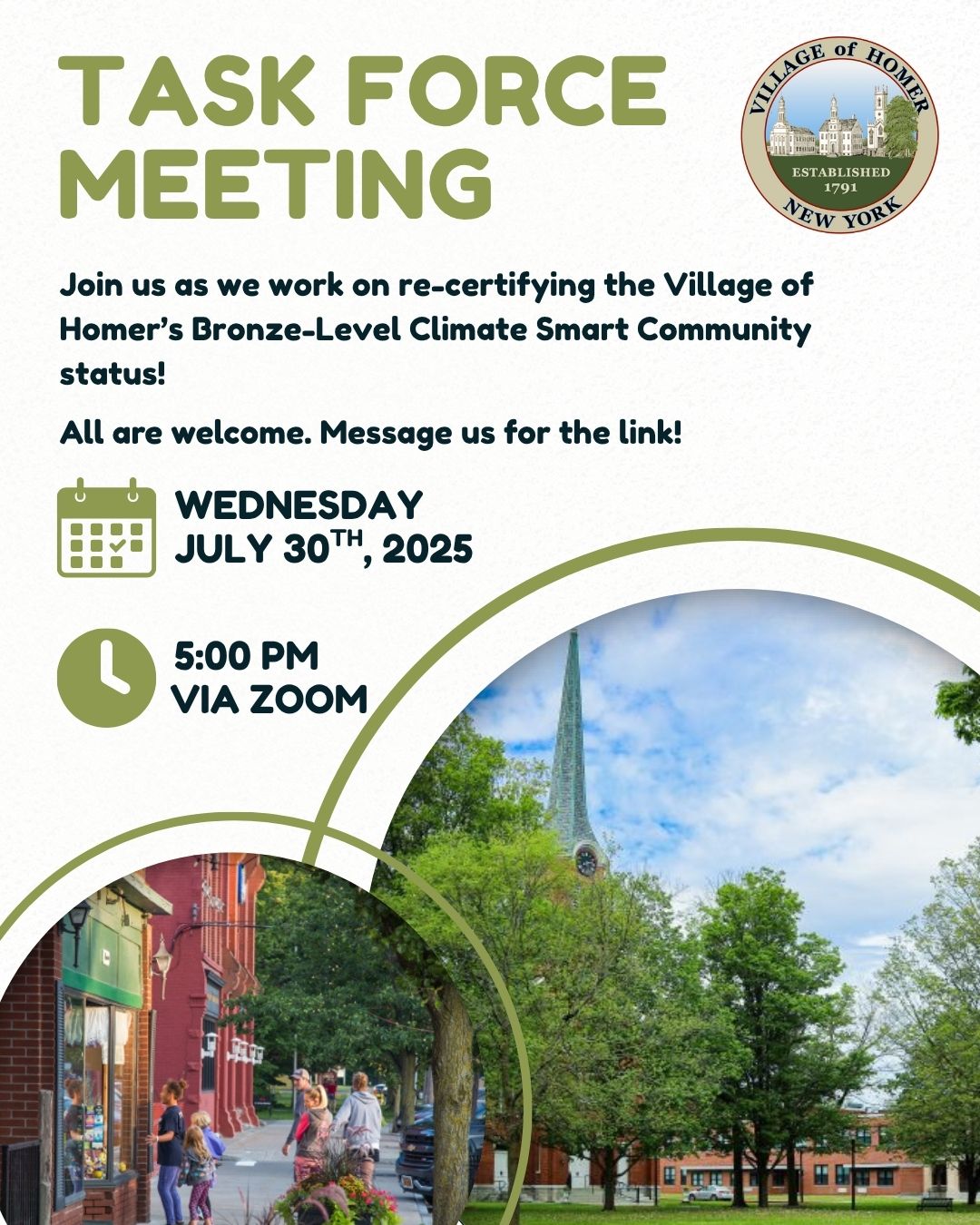 The Village of Homer Climate Smart Community Task Force is back, and will be meeting on Wednesday, July 30th, 2025, at 5PM via Zoom. The task force is working on re-certifying the Village of Homer's Bronze-Level Climate Smart Community status.  All are welcome. Message @villageofhomer.csc for the Zoom link!